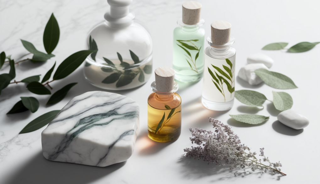 Aromatherapy essential oils on white marble