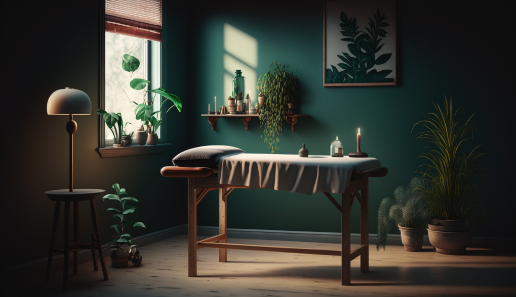 a massage table in a room with dark green walls