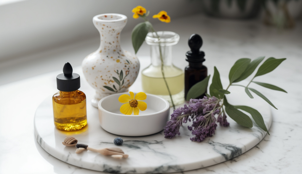aromatherapy items on a white marble table
